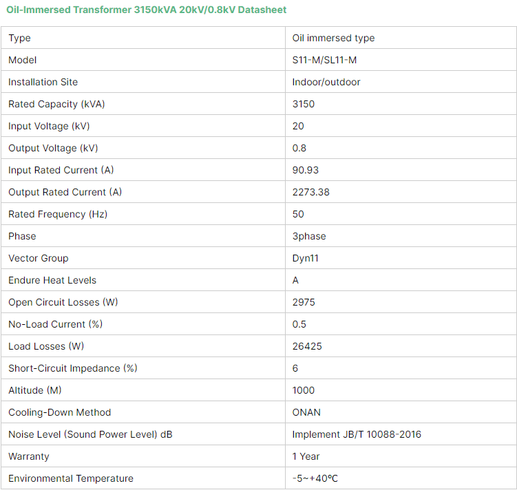 Oil-lmmersed Transformer 3150kVA 20kV/0.8kV Datasheet