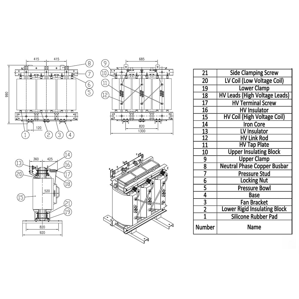 Technical diagram showing the 21 key components of a 10kV SCB series dry-type transformer, including HV/LV coils, iron core, and insulation blocks.