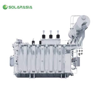 A robust 50 kilovolt oil-immersed transformer unit standing outdoors, showcasing its main tank, bushings, radiators, and conservator.