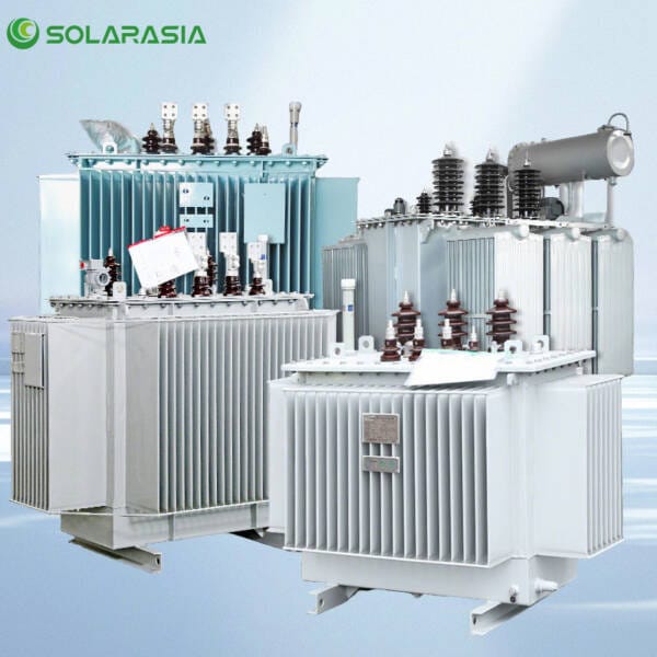 Collage of four different custom-designed 1000kVA oil immersed transformers, showcasing a range of possible configurations, finishes, and accessories for bespoke power applications.