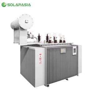 Professional photograph of a 1250 kVA oil immersed transformer unit, highlighting its robust construction, radiator fins, bushings, and oil preservation system.