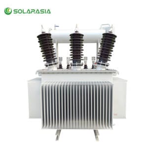 Professional photo of a 2000kVA oil immersed transformer unit, showcasing its robust construction, radiator fins, bushings, and tank for reliable power distribution.