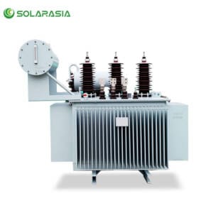 Professional photograph of a 2500kVA oil immersed transformer unit, highlighting its robust construction, radiator fins, and high-voltage components for industrial power distribution.