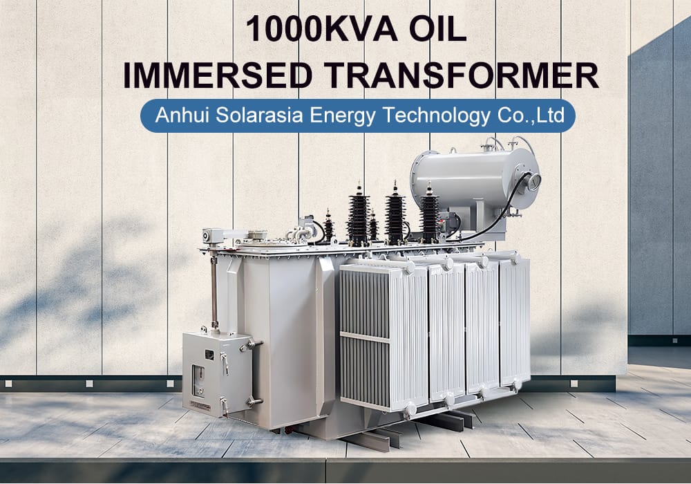 Professional photograph of a standard 1000kVA oil immersed power transformer, showcasing its robust steel tank, radiators, and bushings for reliable operation.