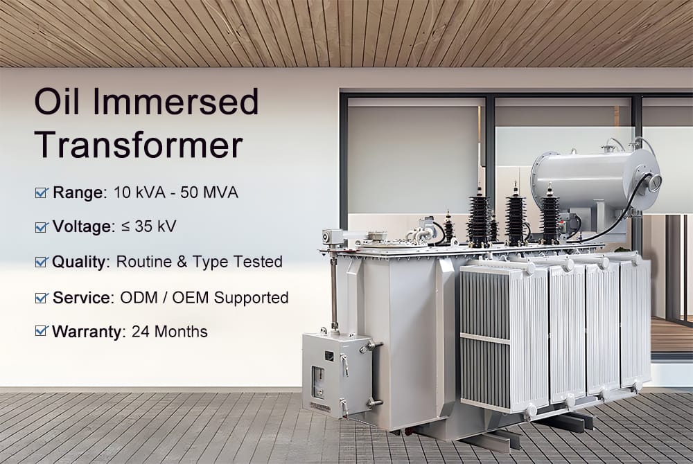Infographic detailing the features of our oil immersed transformers: Power Range (10 kVA-50 MVA), Voltage (≤35 kV), Quality Testing, OEM/ODM Service, and 24-Month Warranty.