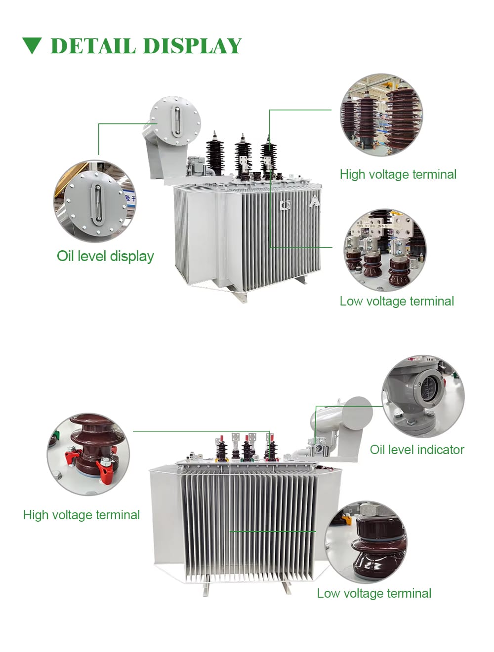 Composite image showing six key details of a 10kV oil-immersed transformer: oil level indicator, high-voltage bushing, low-voltage bushing, pressure relief valve, radiator fins, and robust welded construction.