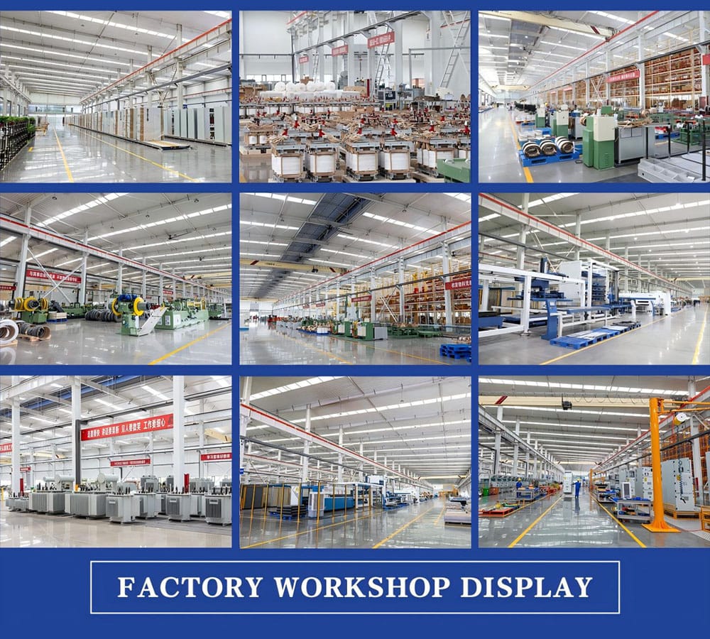 Wide-angle view of a modern, clean, and organized transformer manufacturing factory with advanced equipment.