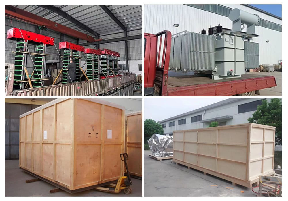 A fully crated and packaged transformer, secured with steel straps on a wooden skid, ready for transport.