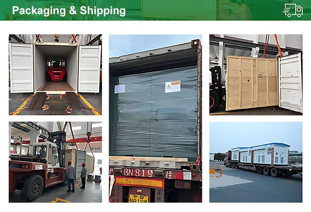 Sequence of images showing a 1250 kVA oil immersed power transformer being professionally crated, loaded into a shipping container, and transported by truck.