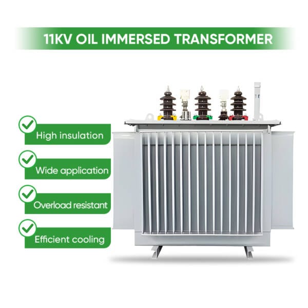 Close-up of 11kV transformer showing cooling radiators and high voltage bushings.