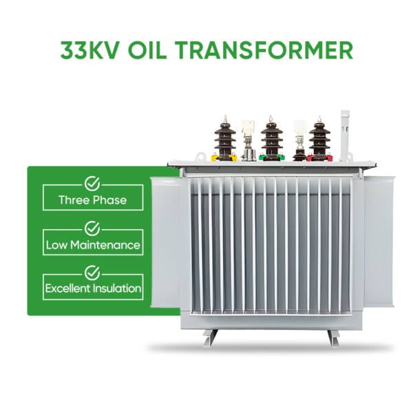 Close-up of a 33kV oil-immersed distribution transformer, highlighting its hermetically sealed tank, radiator fins, and HV porcelain bushings for efficient cooling and reliable operation.