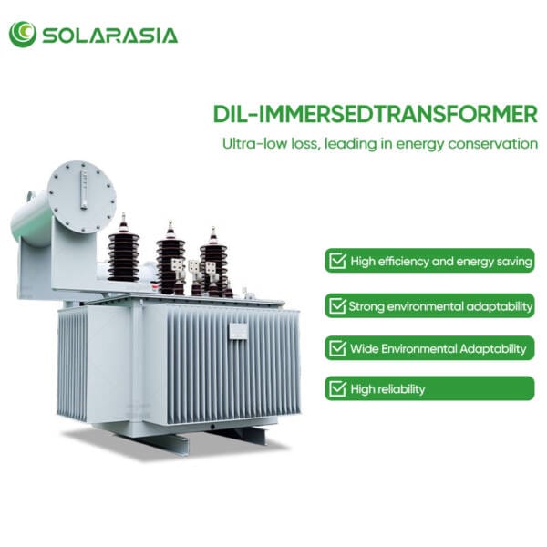 Infographic detailing the main features of the oil immersed transformer: High Efficiency & Energy Saving, Strong Environmental Adaptability, Wide Applicability, and High Reliability.
