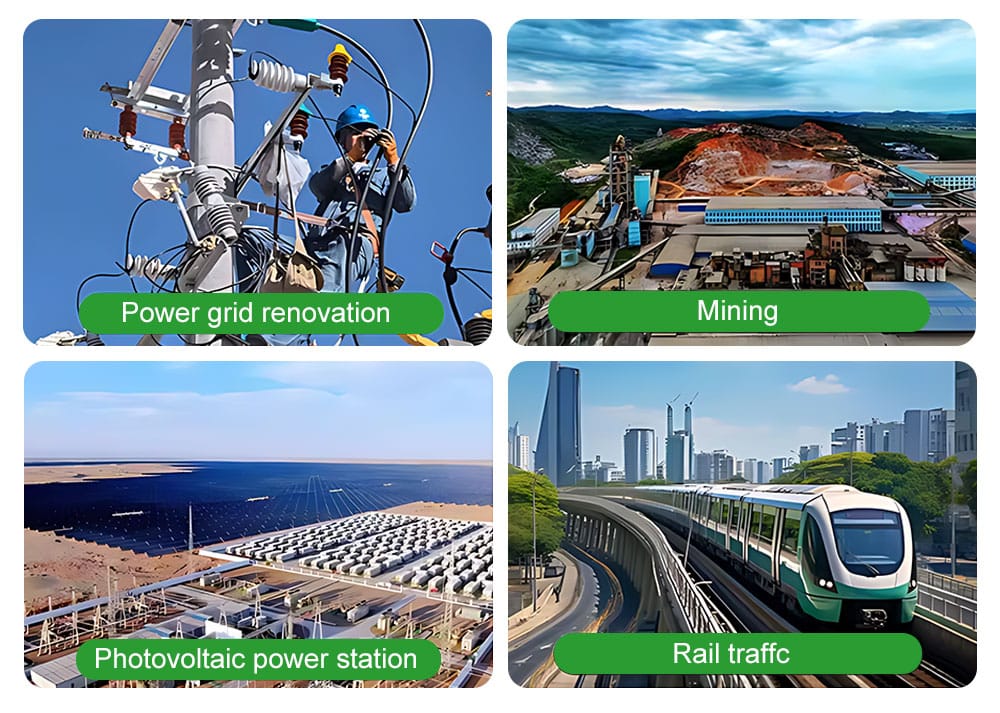 Illustration of four application scenarios for a 2000kVA oil cooled transformer: Power Grid Renovation, Photovoltaic Power Station, Mining Operation, and Rail Traffic.