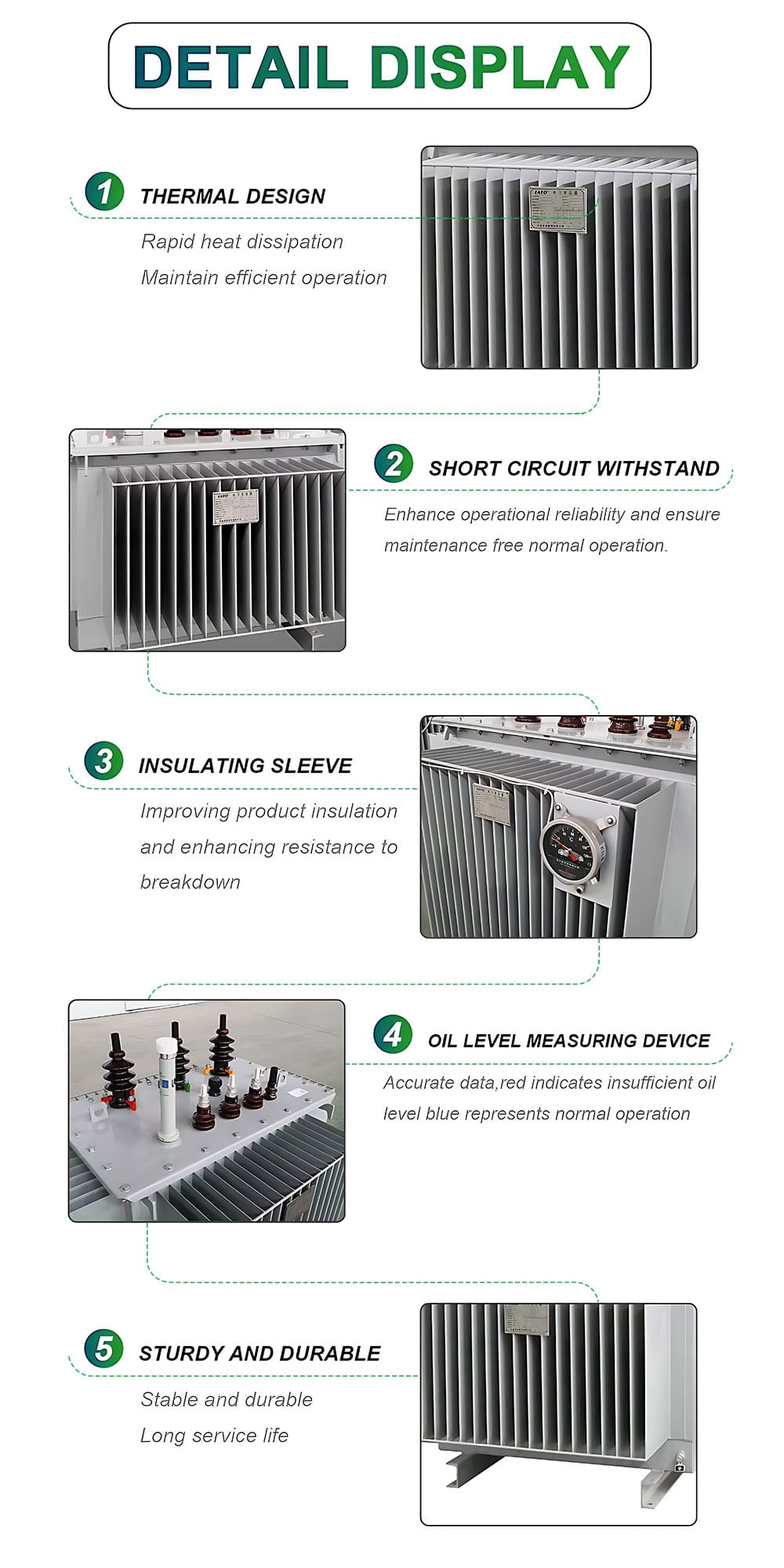 Collage of five engineering details: thermal management system, short-circuit withstand design, high-quality insulating sleeve, precise oil level gauge, and robust construction.