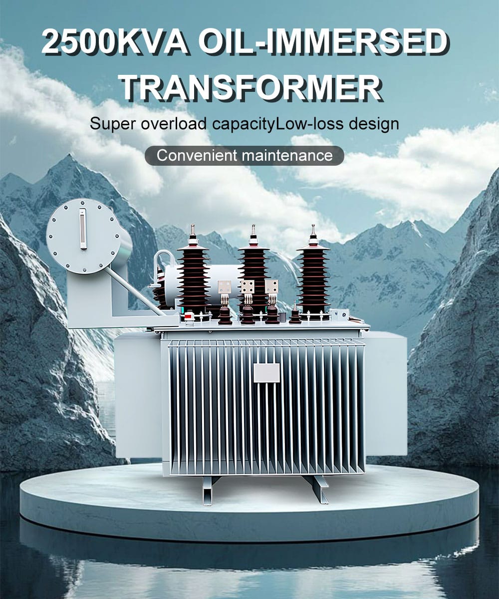 Professional photo of a 2500kVA oil immersed transformer unit, highlighting its robust tank, radiators, conservator, and bushings for industrial power distribution.