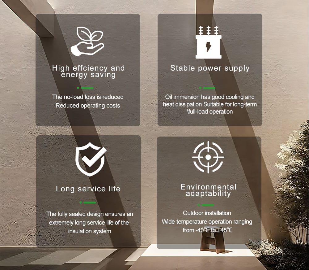 Infographic highlighting the four main advantages of the oil immersed power transformer: High Efficiency, Stable Power Supply, Long Service Life, and Environmental Adaptability.