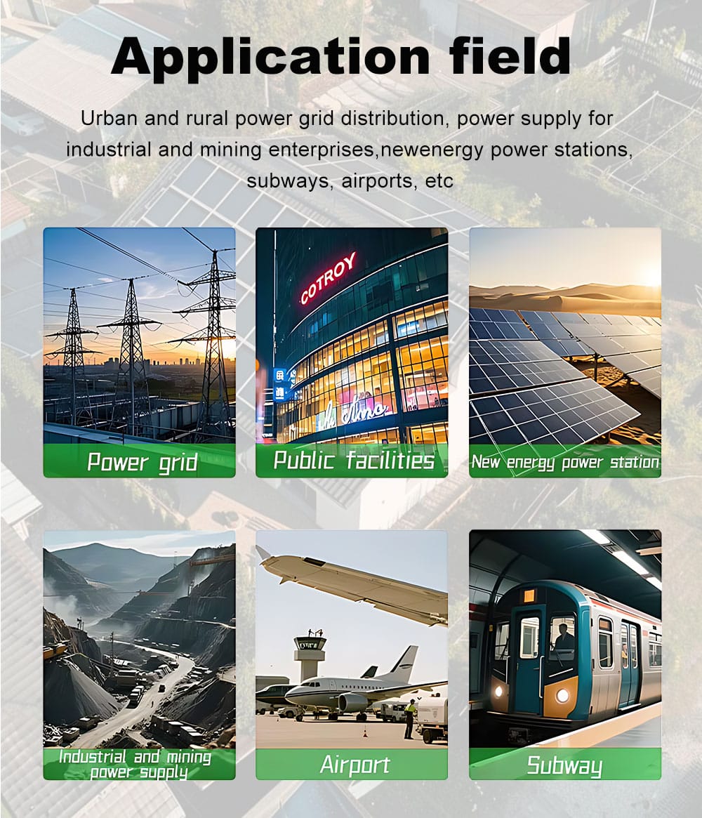 Collage of icons or images depicting the various application scenarios for an oil immersed transformer: Power Grid, Industrial Plants, Public Facilities, Airports, Renewable Energy Stations, and Subways.