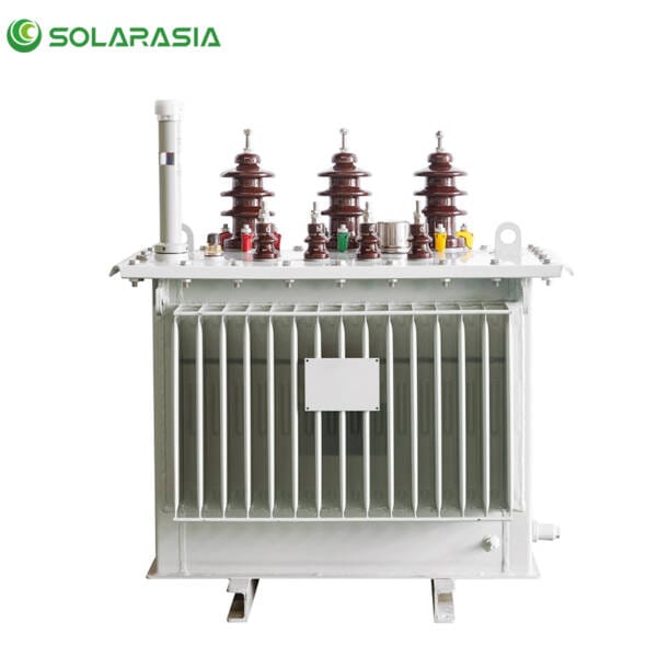 Professional photo of a 10kV oil-mersed distribution transformer, showcasing its robust construction and classic industrial design.