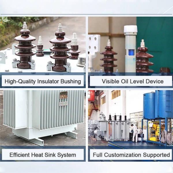 Close-up composite image detailing four features of an oil-immersed transformer: high-quality insulator bushings, visible oil level indicator, efficient radiator fins, and customization options plate.