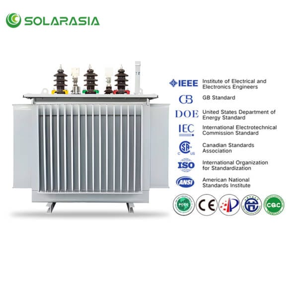 Certification and test reports for 33kV oil-immersed power transformer, including IEC 60076, IEEE C57.12.90, and ISO 9001 standards, ensuring quality and reliability.