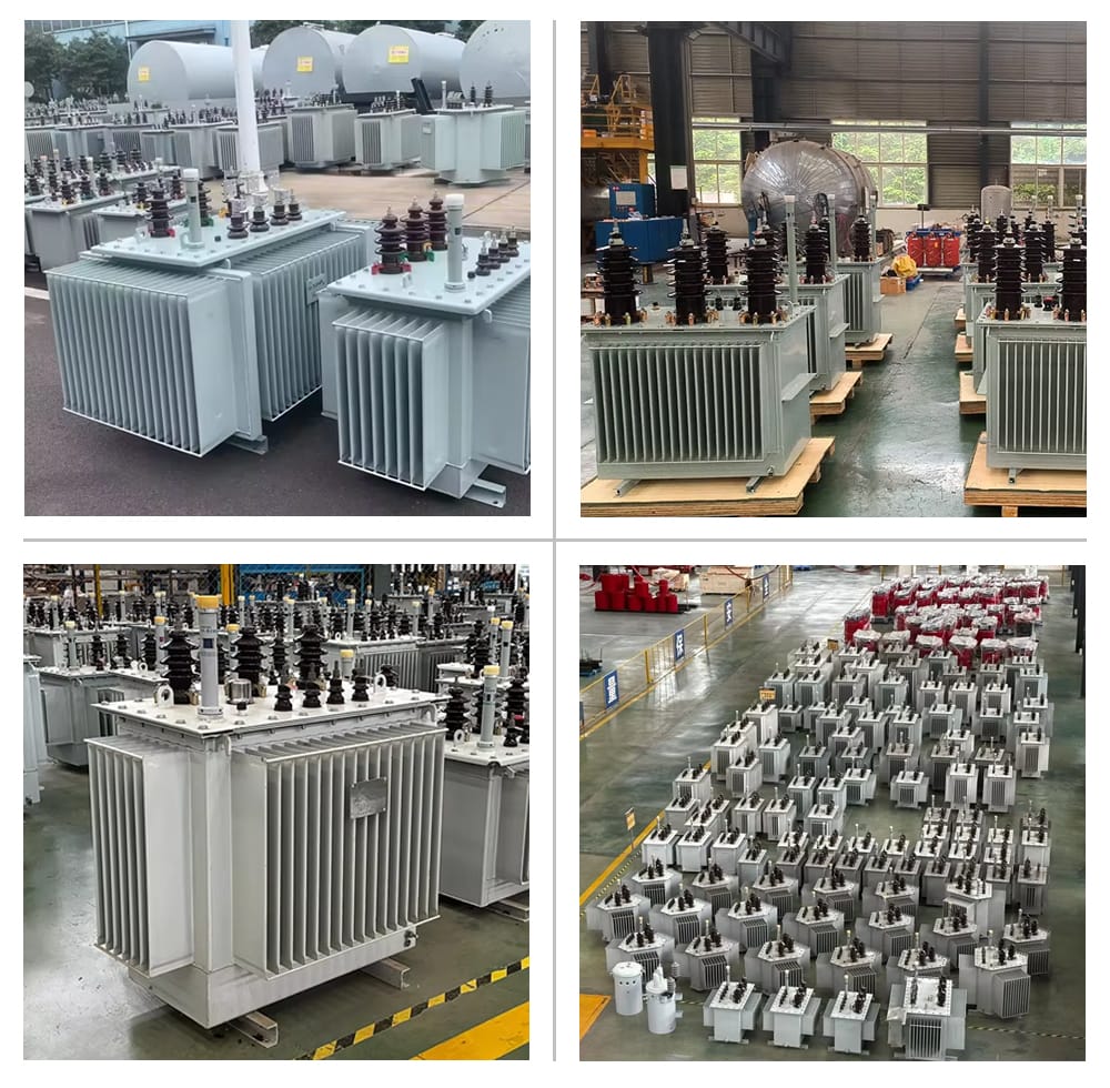 Inside view of a modern transformer manufacturing plant showing assembly lines, CNC core cutting machines, and high-voltage test labs for quality control.