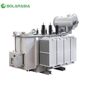 Professional main product photo of a 1000kVA oil immersed electrical transformer, highlighting its robust construction and cooling fins for power distribution applications.