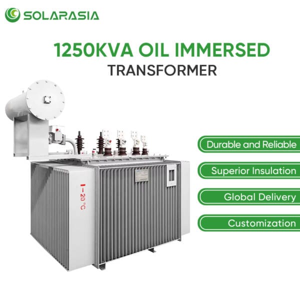 Infographic illustrating the four main advantages of our oil immersed transformers: Durability & Reliability, Superior Insulation, Worldwide Global Delivery, and Customization options.