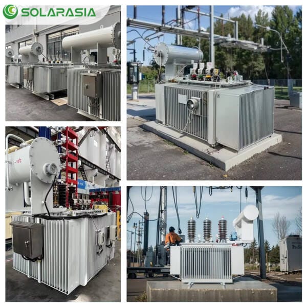 Montage showing a 2500kVA oil-immersed transformer installed and operational within an electrical substation, connecting to high-voltage lines and switchgear.