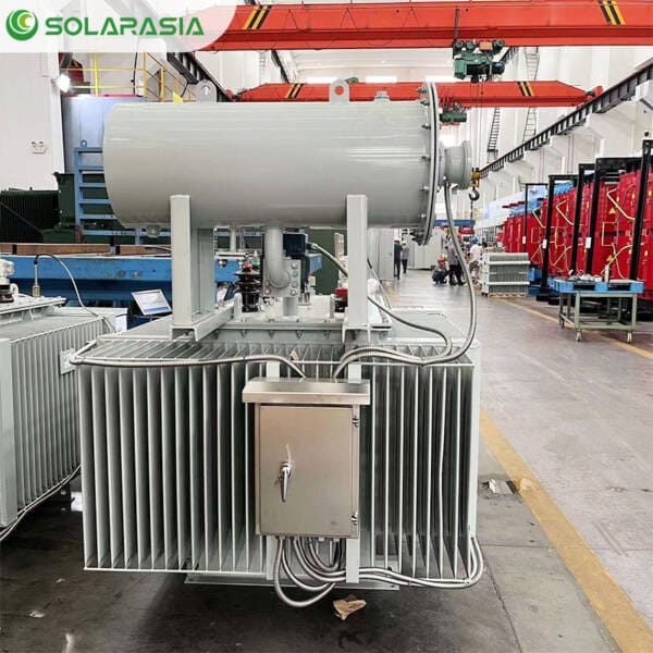 A 1.5MVA oil immersed power transformer undergoing final quality checks and testing on the factory floor of our transformer manufacturing plant.