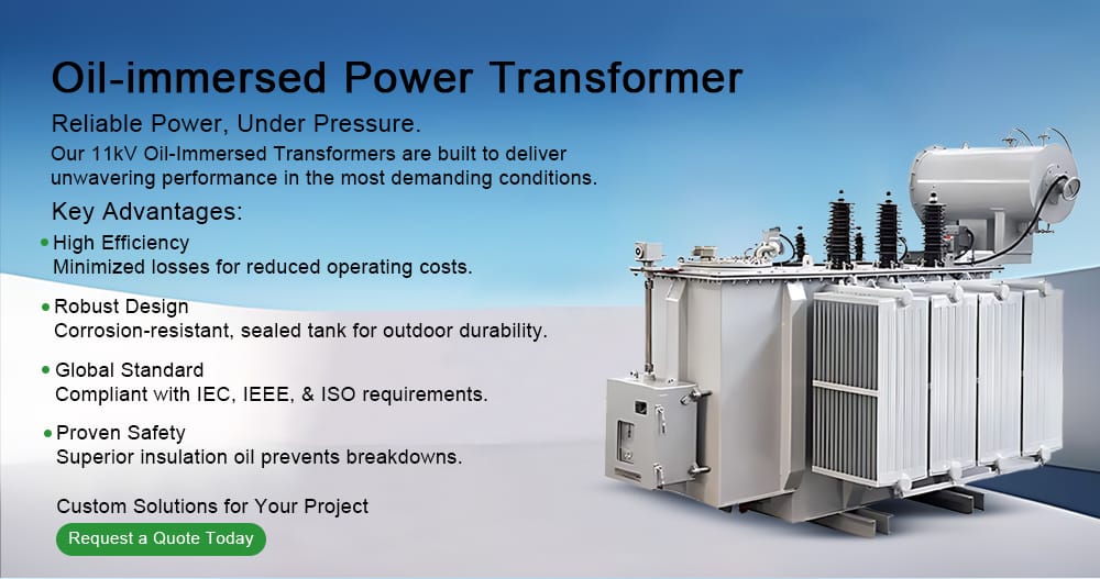 Professional graphic illustrating the four key features of a 50kV transformer: High Energy Efficiency, Robust & Durable Design, Compliance with Global Standards, and Proven Safety Mechanisms.