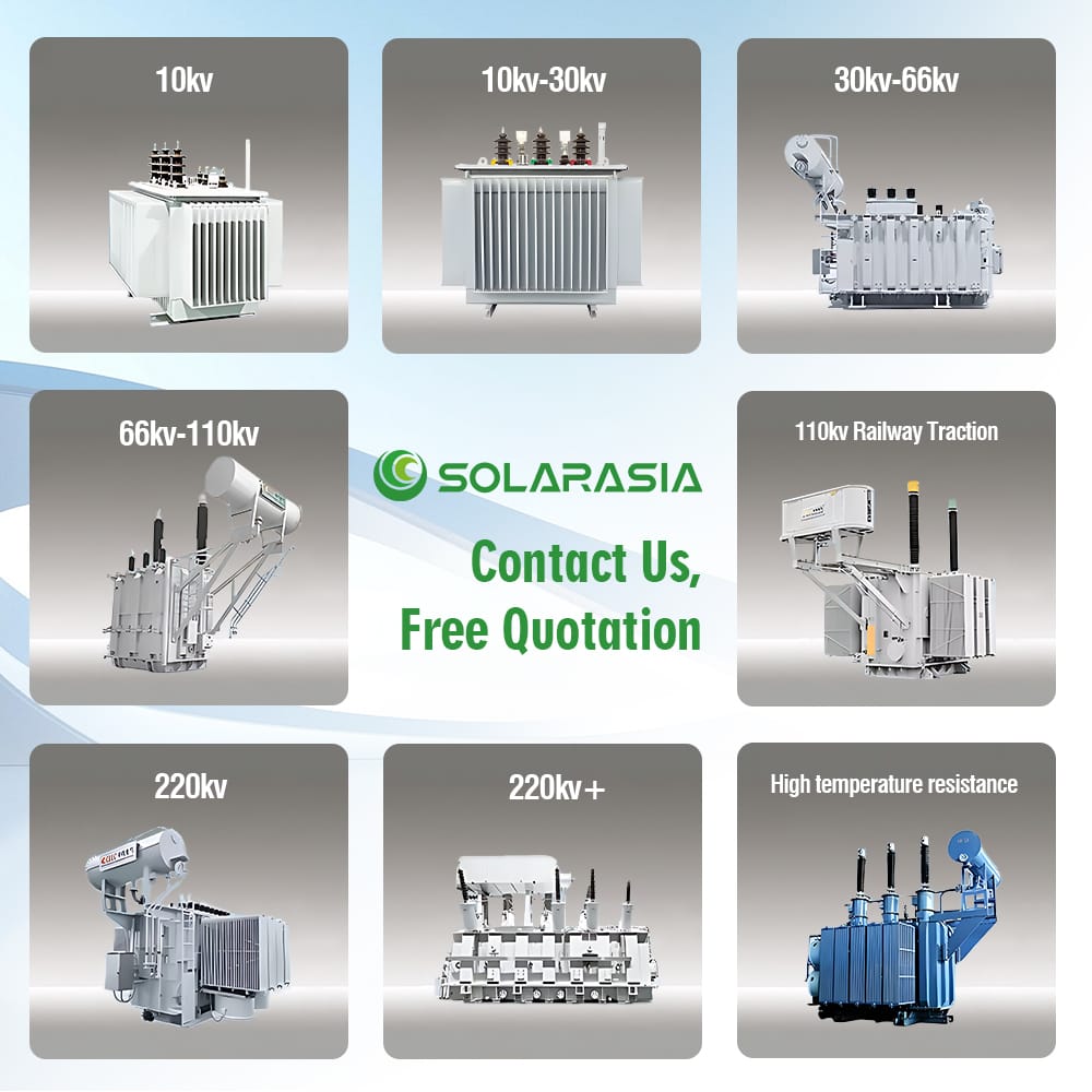 Collage of various oil-immersed transformer models showcasing the product range from 10kV, 30kV, 50kV, 66kV, 110kV, Railway Traction, up to 220kV and above, highlighting their different sizes and applications.