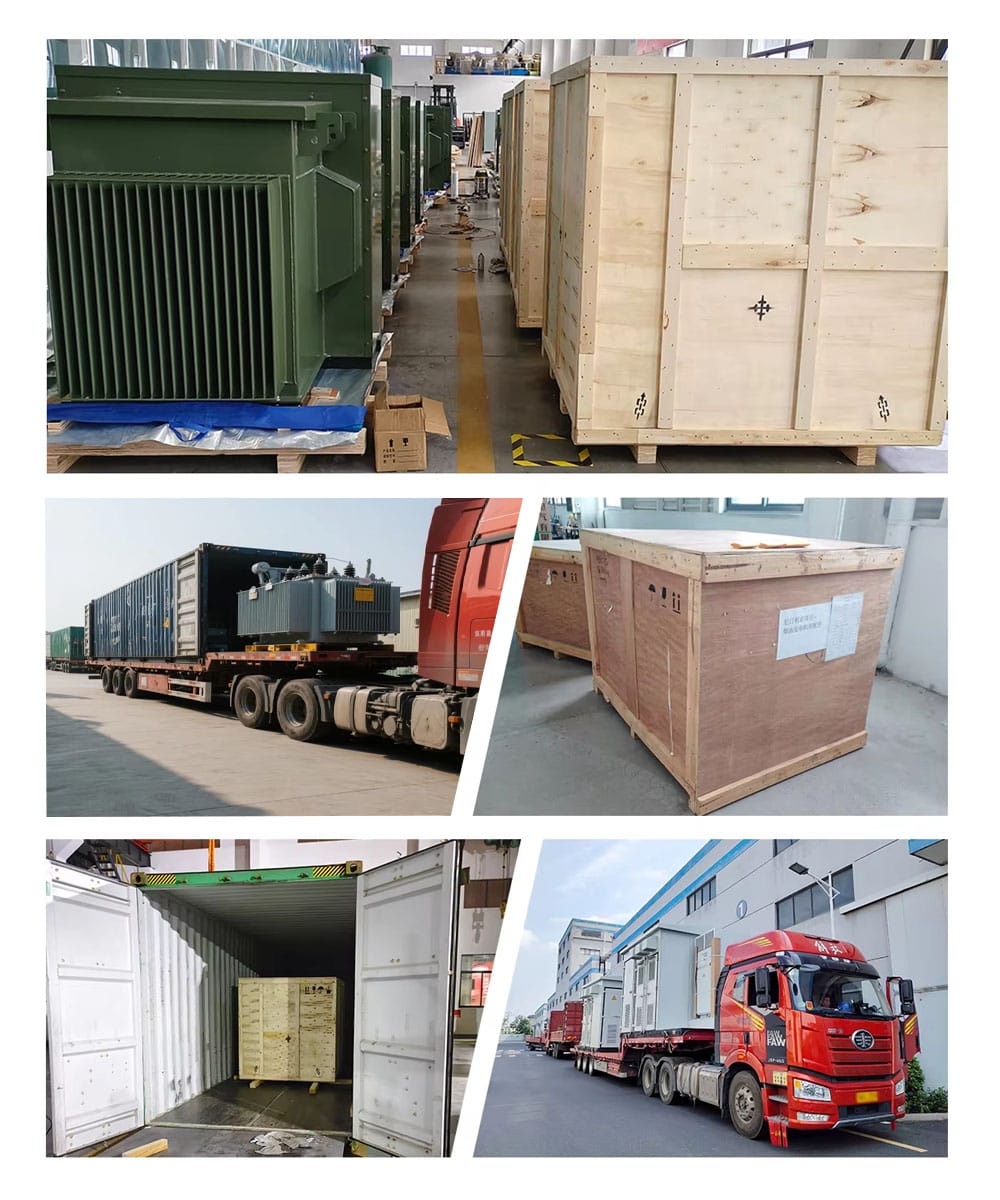 Series of photos showing a transformer being securely crated and loaded into a shipping container, and another loaded onto a flatbed truck for transport.