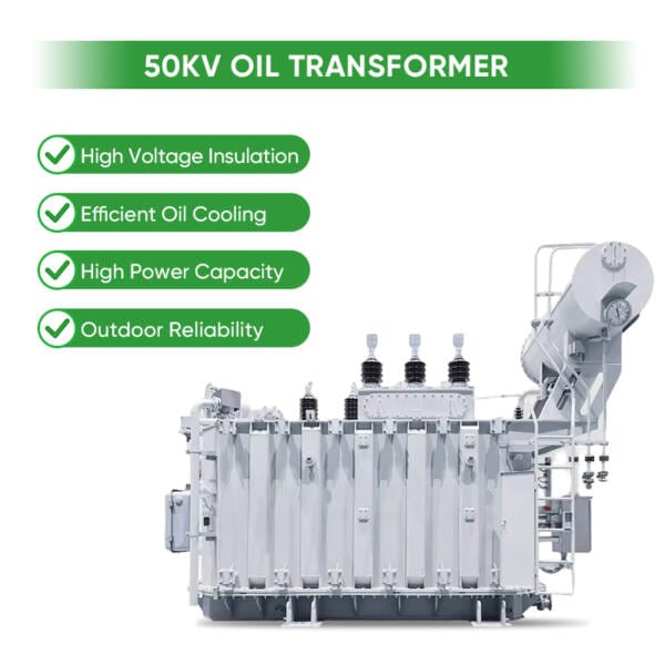 Illustrated diagram of a transformer highlighting four key features: High Voltage Insulation, Efficient Oil Cooling, High Power Capacity, and Outdoor Reliability with labels.