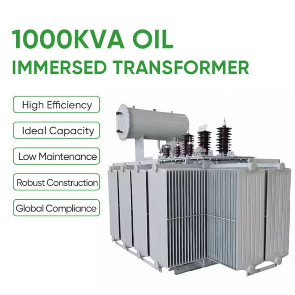 Infographic detailing the advantages of our 1000kVA oil immersed power transformer: High Efficiency, Ideal Capacity, Low Maintenance, Robust Construction, and Global Compliance.