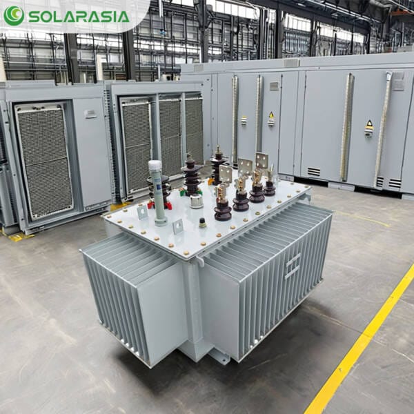 Wide-angle shot of a 2500kVA oil immersed transformer positioned on the factory floor, showcasing its scale and readiness for dispatch to a customer.