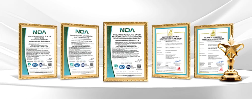 Collage of international certificates and quality approvals for the European Box Type Substation.