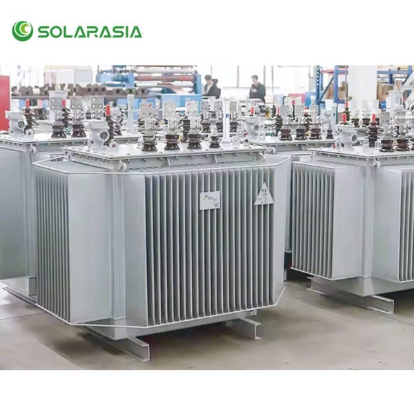 Inside a modern transformer factory, showing automated CNC winding machines precisely winding copper coils for 33kV oil-immersed transformers.