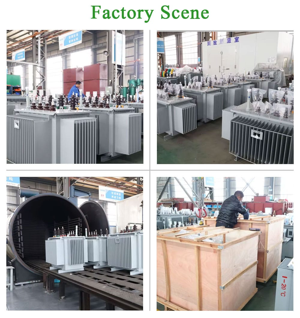 A collage of images from inside our transformer factory, showing a 1.5MVA unit being crated for shipment, a panoramic view of the advanced production facility, and skilled technicians at work.