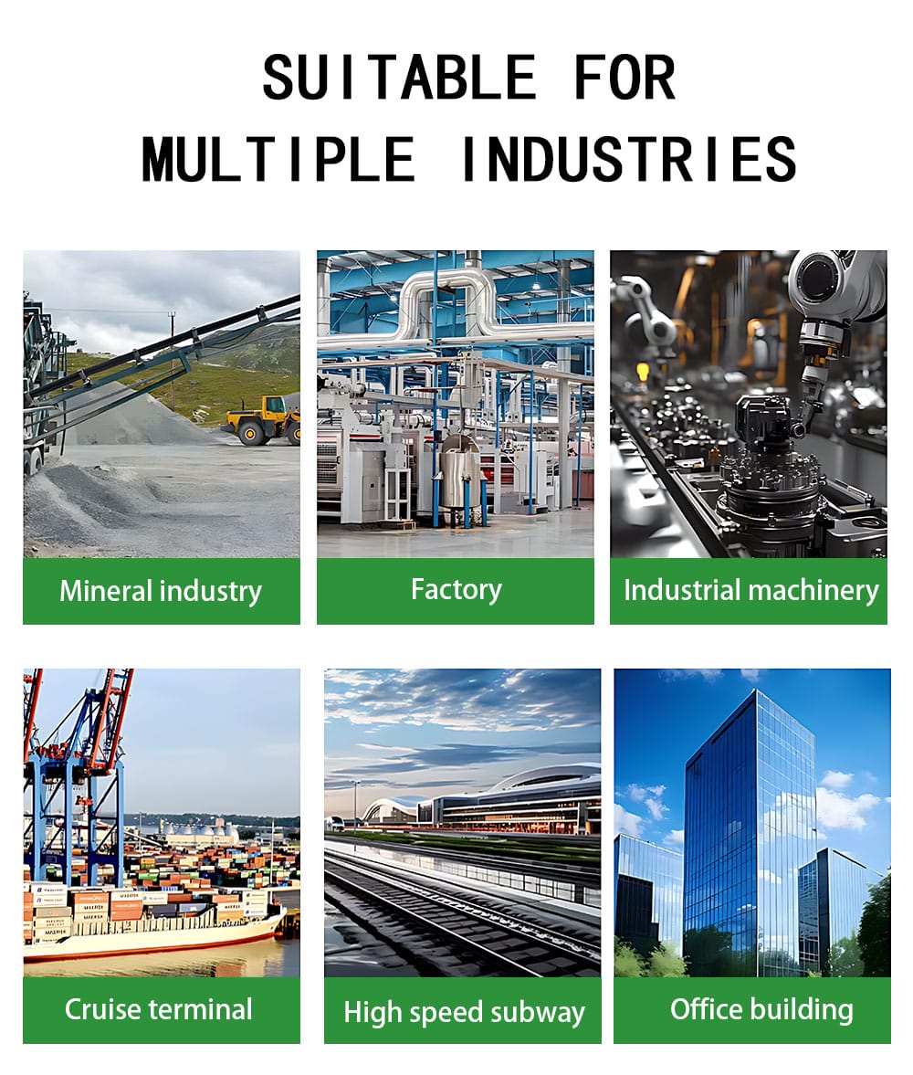 Collage of six application scenarios for a 1.5MVA oil immersed transformer: mineral processing plant, cruise ship terminal, manufacturing factory, high-speed subway, industrial machinery, and modern office building.