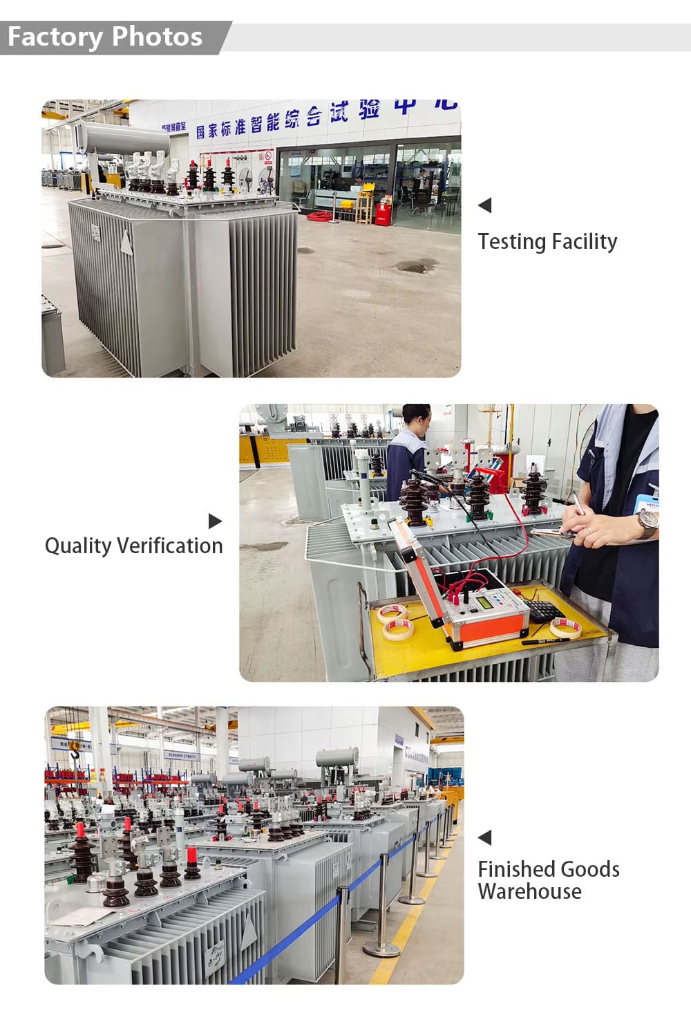 Infographic illustrating the three key stages in our transformer production: Quality Verification of materials, Testing Facility for performance, and secure Finished Goods Warehouse storage.