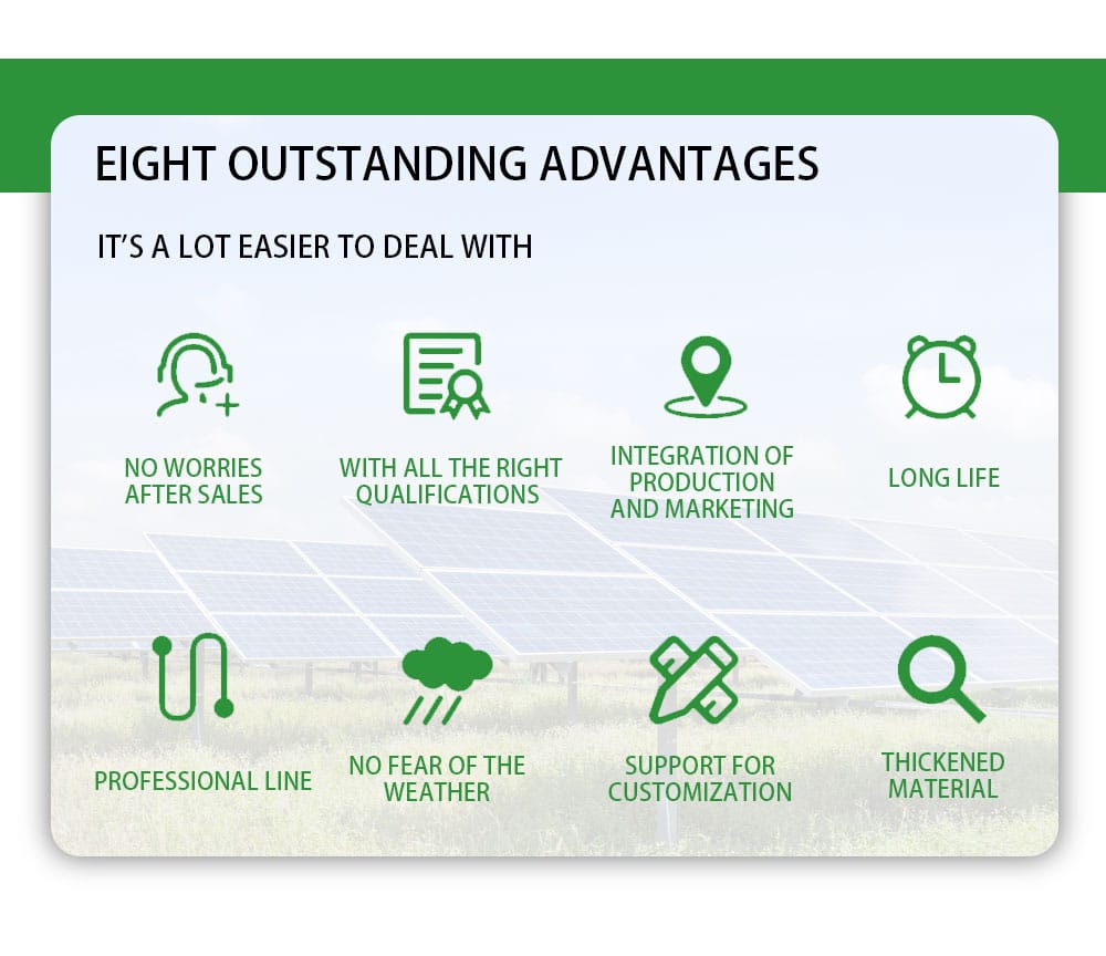 Infographic listing the eight major advantages of our transformers: Worry-Free After-Sales, Full Qualifications, Integrated Production & Marketing, Long Service Life, Professional Production Line, Weather-Resistant Design, Customization Support, and Thickened Materials.