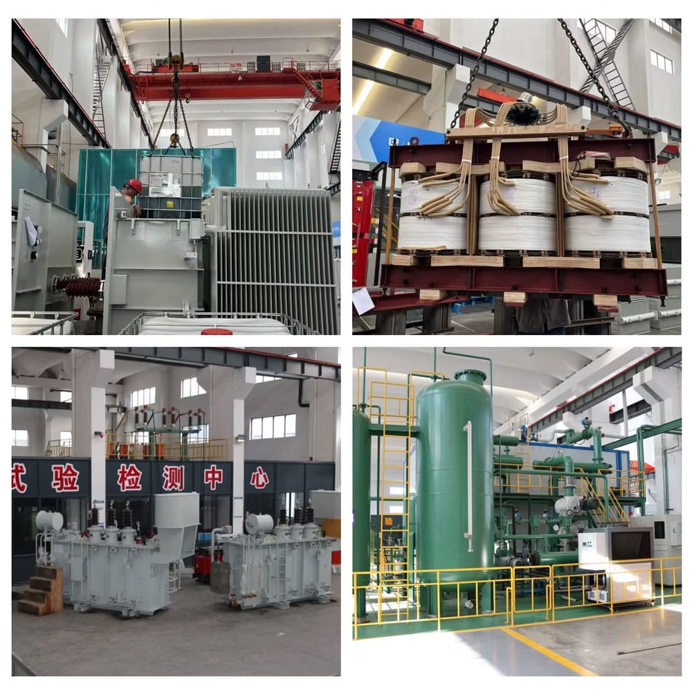 Wide-angle photo of our transformer manufacturing factory floor, showing production lines, assembly stations, and large-scale equipment.