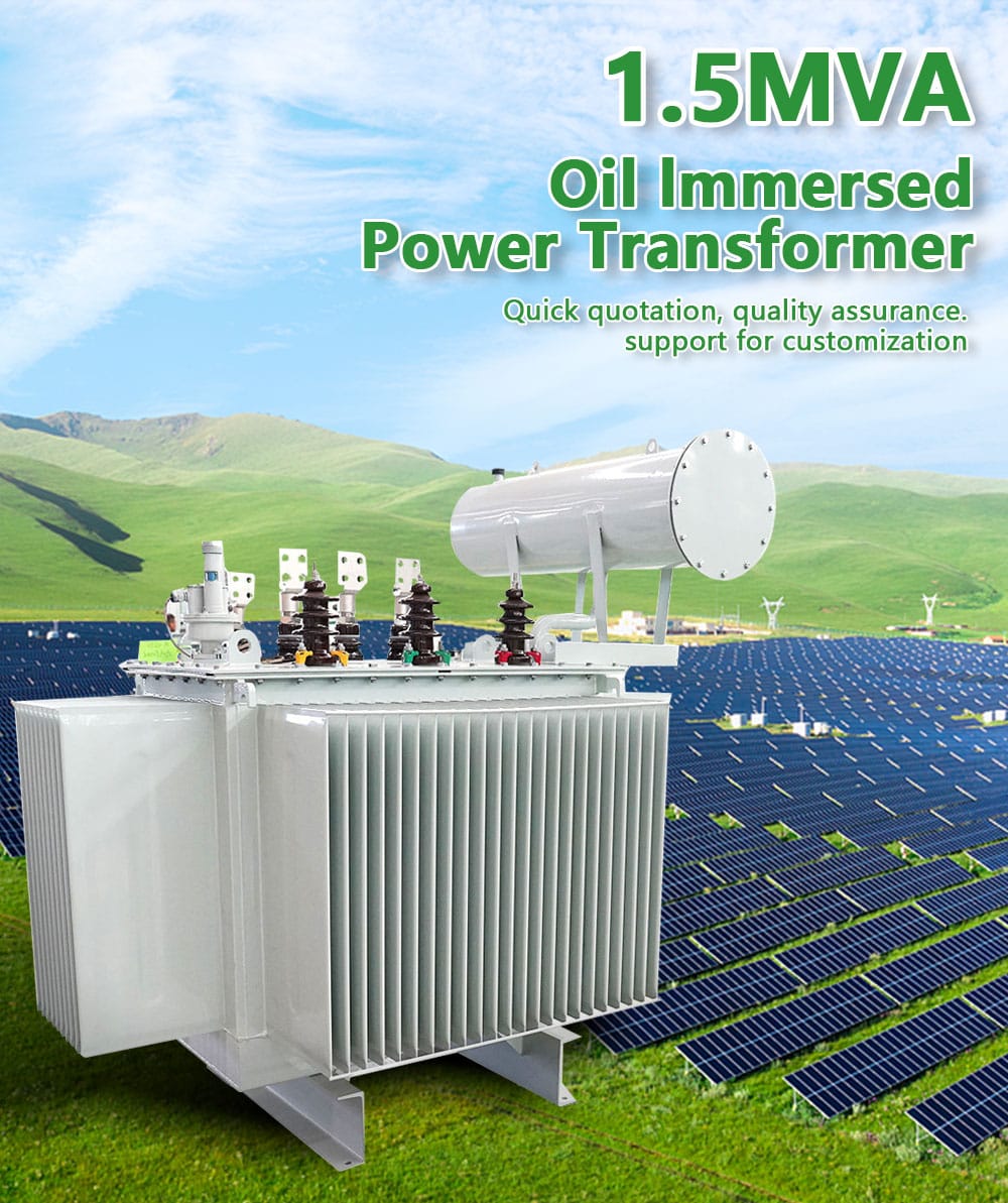Professional photograph of a robust and new 1.5MVA oil immersed transformer, showcasing its main tank, radiators, bushings, and conservator for superior cooling and performance.