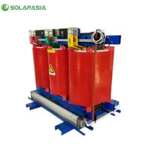 Front perspective of a robust and modern 11KV Dry Type Transformer in an industrial setting.