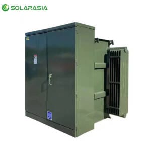 A complete 3750KVA Pad Mounted Transformer standing on a concrete pad, showcasing its robust, weather-resistant enclosure and professional finish.