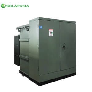 Front view of a robust 750KVA Pad Mounted Transformer in an outdoor setting.