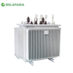 Professional photo of a standalone 100KVA oil immersed distribution transformer unit, showcasing its robust outdoor design and construction.