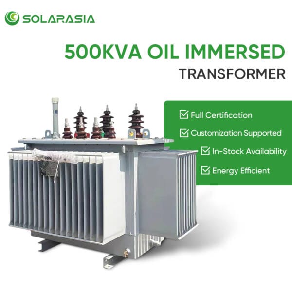 Icons for 500KVA oil immersed transformer features: Full Certification, Customization, In-Stock, Energy Efficient