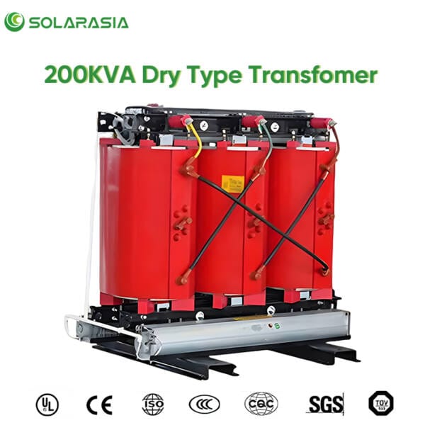 Logos of international certifications (e.g., CE, ISO) held for the 200KVA Dry Type Transformer.