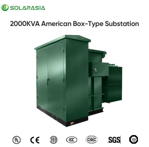 Compliance and certification badges for the 2000KVA American Box-Type Substation Transformer, including UL, IEC, and other international standards.